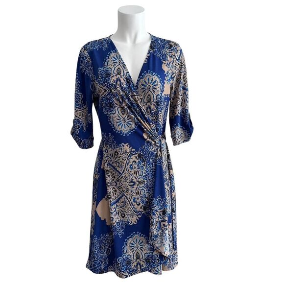 BCBGMaxAzria Blue and Tan Floral Wrap Dress - Picture 3 of 9